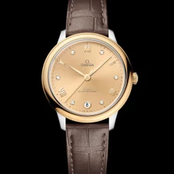 34 mm, acier ‑ or jaune sur bracelet en cuir|OMEGA Sale