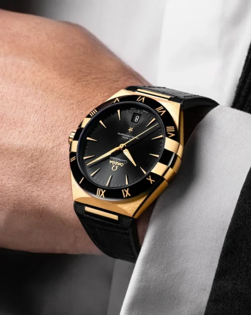 41 mm, or jaune sur bracelet en cuir|OMEGA Outlet