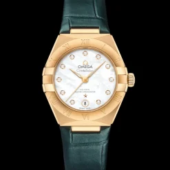 29 mm, or jaune sur bracelet en cuir|OMEGA New